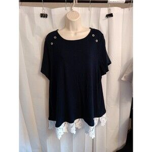 Tommy Hilfiger Sz 2X Blue Knit Cotton Pullover Top Lace Hem Shoulder Buttons